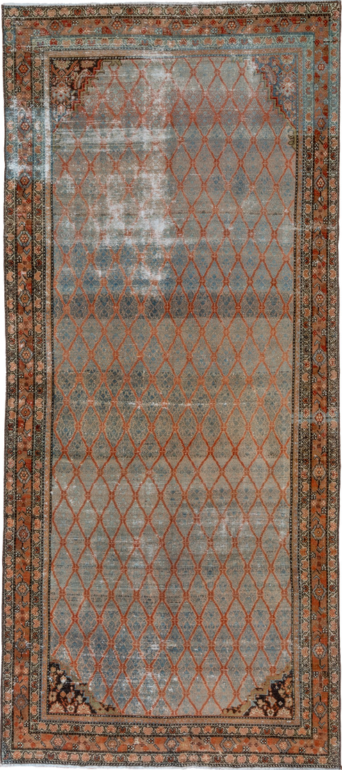 4' x 10' one-of-a-kind handmade vintage Malayer runner rug. Color palette: black, blue, brown, charcoal, dark gray, gray