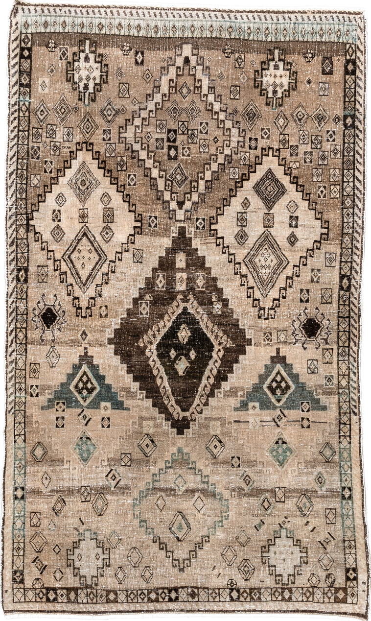 3' x 5' one-of-a-kind handmade vintage Gabbe small size rug. Color palette: gray, brown, off-white, pink, black, orange