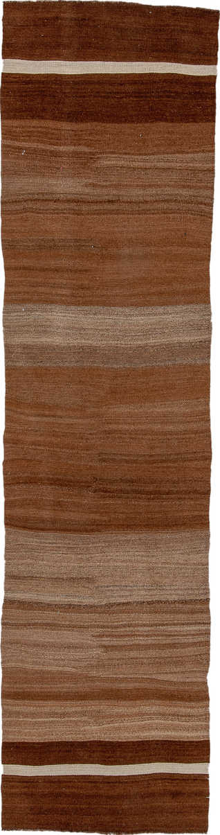 2' x 10' one-of-a-kind handmade vintage Kilim runner rug. Color palette: brown, pink