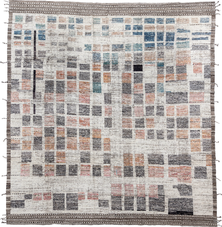 13' x 14' one-of-a-kind handmade vintage Tulu oversize rug. Color palette: black, blue, brown, dark gray, dim gray