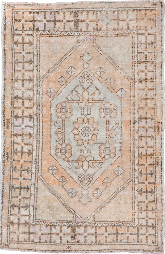 2' x 4' one-of-a-kind handmade vintage Oushak small size rug. Color palette: brown, gray, light gray, off-white, orange