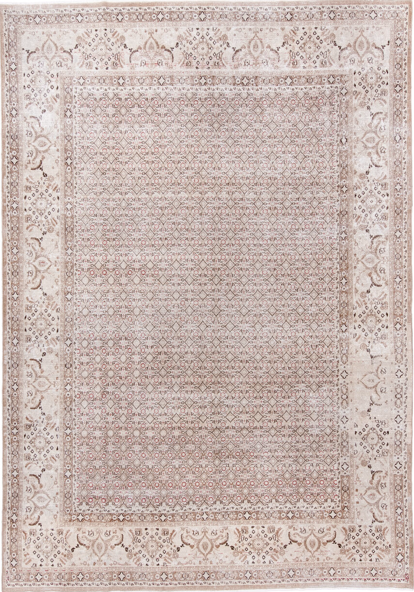 8' x 11' one-of-a-kind handmade vintage Tabriz large size rug. Color palette: brown, gray, light gray, linen, off-white