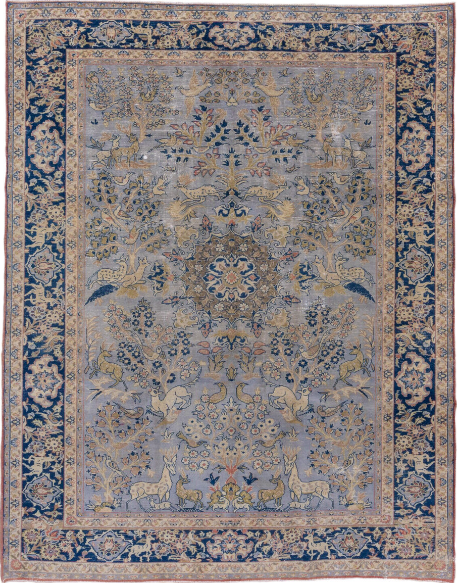 7' x 10' one-of-a-kind handmade vintage Tabriz large size rug. Color palette: black, blue, brown, charcoal, dark gray, gray
