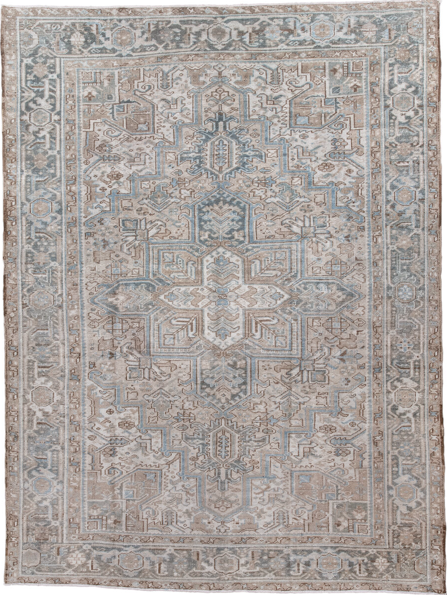 7' x 9' one-of-a-kind handmade vintage Heriz rug. Color palette: black, brown, charcoal, dark gray, dim gray, gainsboro