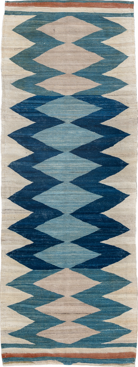 2' x 6' one-of-a-kind handmade vintage Kilim runner rug. Color palette: arapawa, blue, gray, light blue, light gray