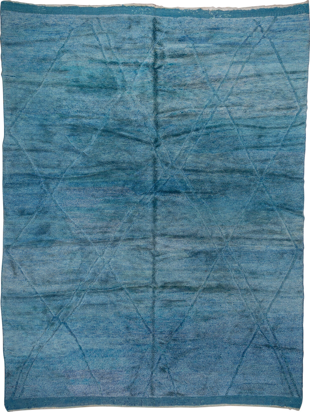 10' x 13' one-of-a-kind handmade vintage Moroccan large size rug. Color palette: arapawa, blue, dark gray, gray, light blue