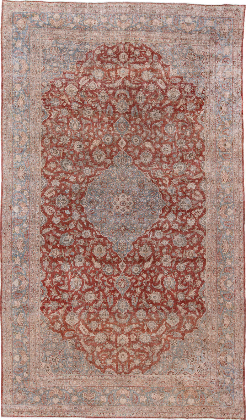 10' x 17' one-of-a-kind handmade vintage Kashan rug. Color palette: brown, dark gray, gray, light blue, light gray, pink