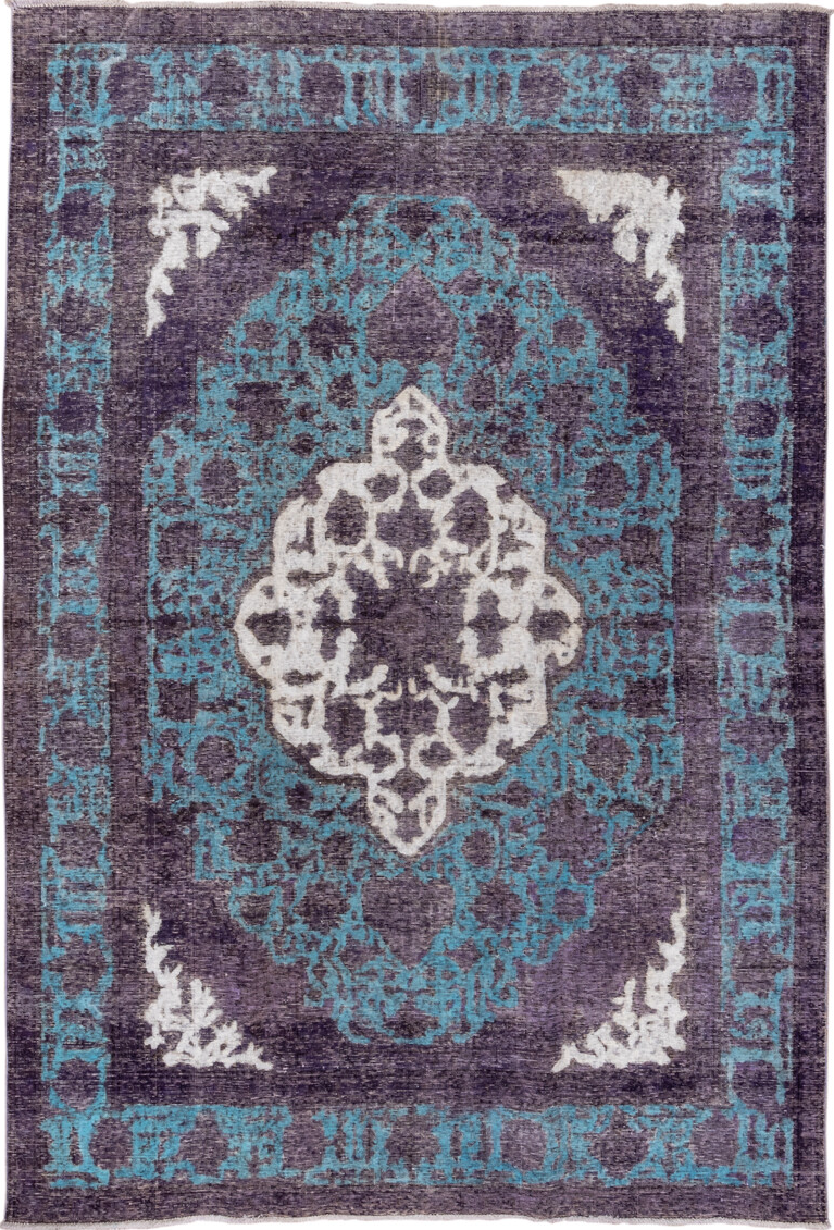 6' x 9' one-of-a-kind handmade vintage Overdyed medium size rug. Color palette: blue, gainsboro, gray, light blue