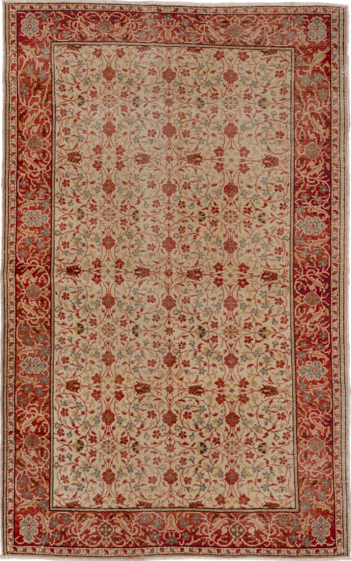 4' x 6' one-of-a-kind handmade vintage Kaisary small size rug. Color palette: brown, gray, light gray, off-white, red
