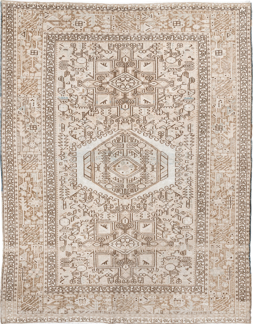 5' x 6' one-of-a-kind handmade vintage Karaje rug. Color palette: antiquewhite, brown, gainsboro, gray, light gray, linen