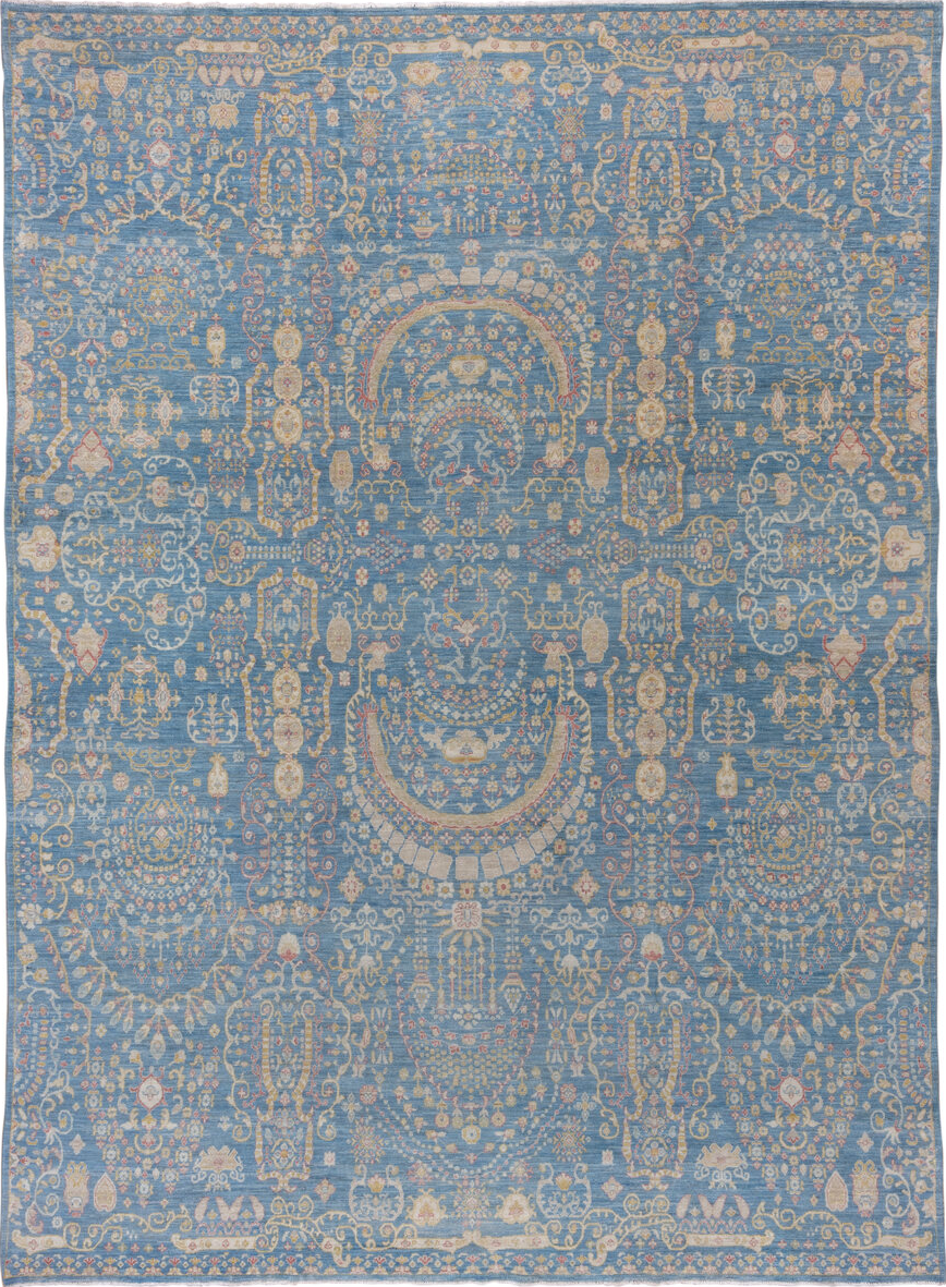 8' x 12' one-of-a-kind handmade vintage Afghan large size rug. Color palette: blue, brown, dark gray, gray, light blue