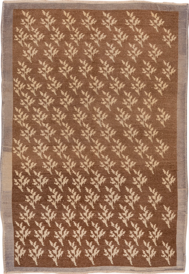 3' x 4' one-of-a-kind handmade vintage Tulu small size rug. Color palette: brown, gray, light gray, off-white, orange, pink