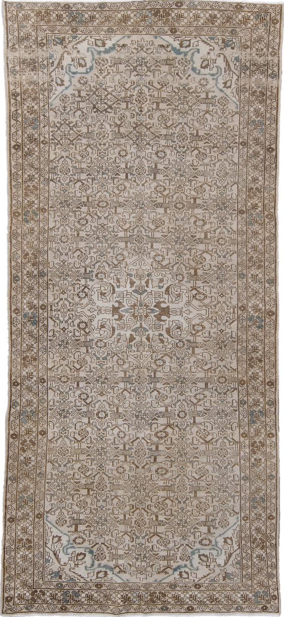 5' x 11' one-of-a-kind handmade vintage Hamadan runner rug. Color palette: gray, light gray, pink, black, off-white, brown