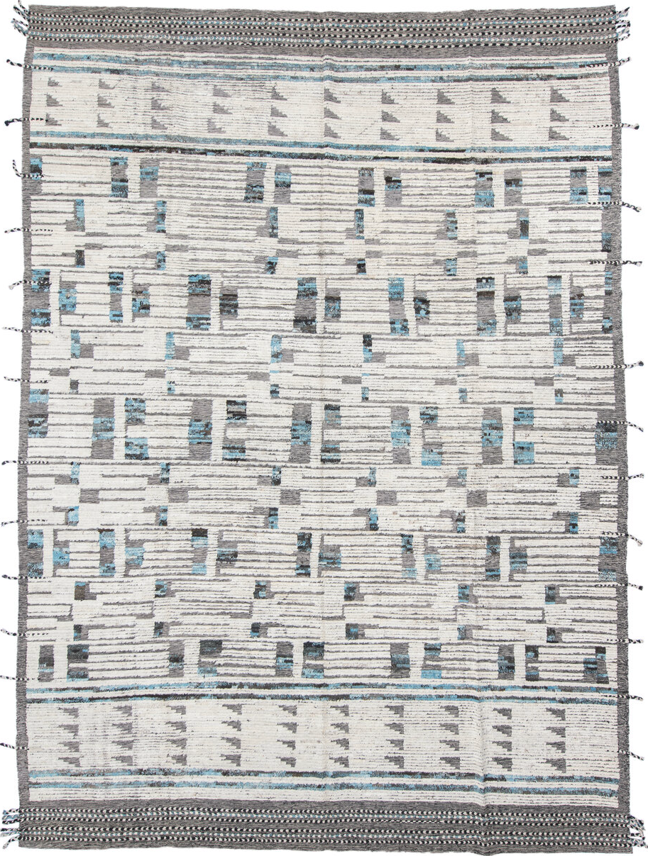 10' x 13' one-of-a-kind handmade vintage Tulu large size rug. Color palette: gray, off-white, light gray, black, light blue