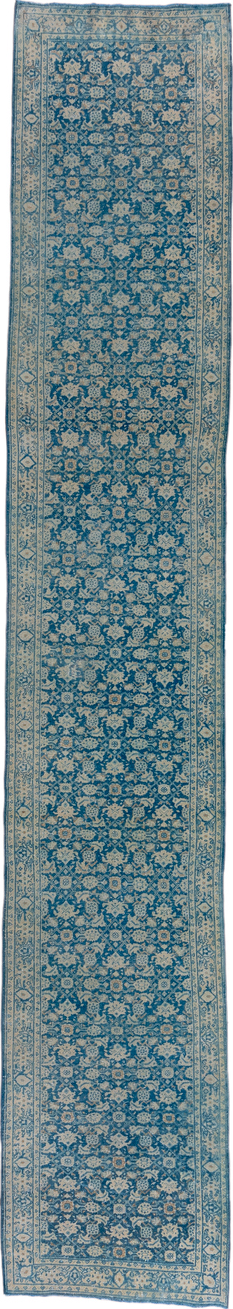 2' x 16' one-of-a-kind handmade vintage Tabriz runner rug. Color palette: arapawa, blue, dark gray, gray, light gray