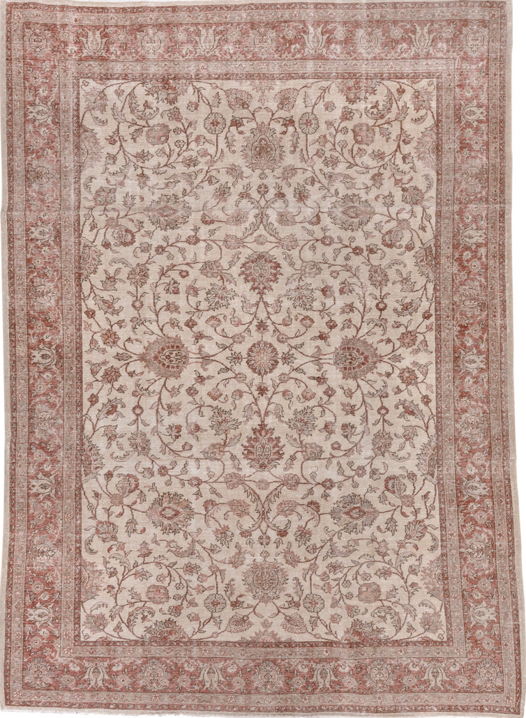 6' x 9' one-of-a-kind handmade vintage Sparta medium size rug. Color palette: brown, gray, light gray, off-white, pink
