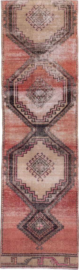 2' x 9' one-of-a-kind handmade vintage Oushak runner rug. Color palette: brown, gray, light gray, pink, red