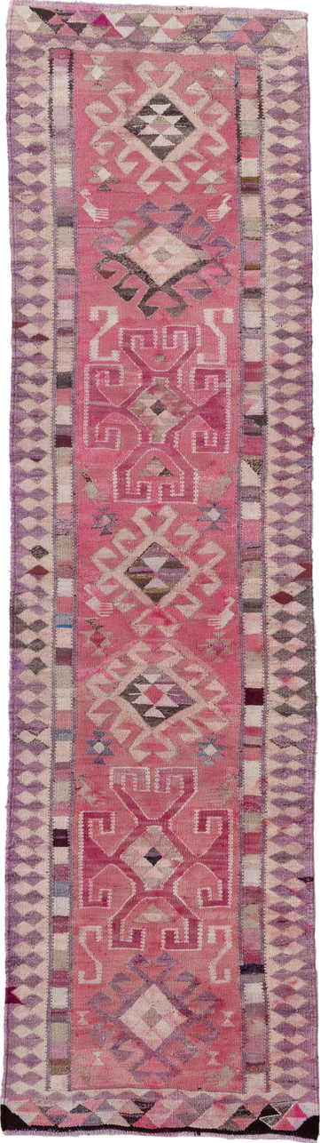 3' x 11' one-of-a-kind handmade vintage Kilim runner rug. Color palette: brown, gray, light gray, off-white, pink, red