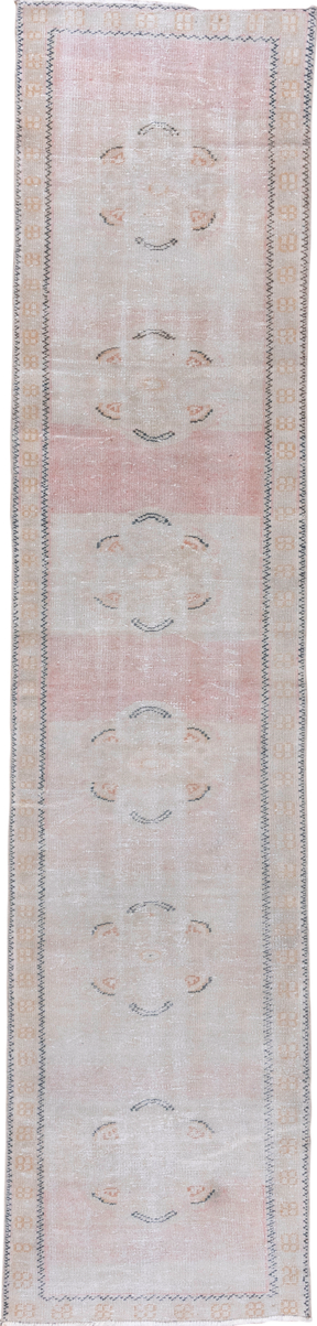 2' x 11' one-of-a-kind handmade vintage Oushak runner rug. Color palette: brown, dim gray, gainsboro, gray, light gray