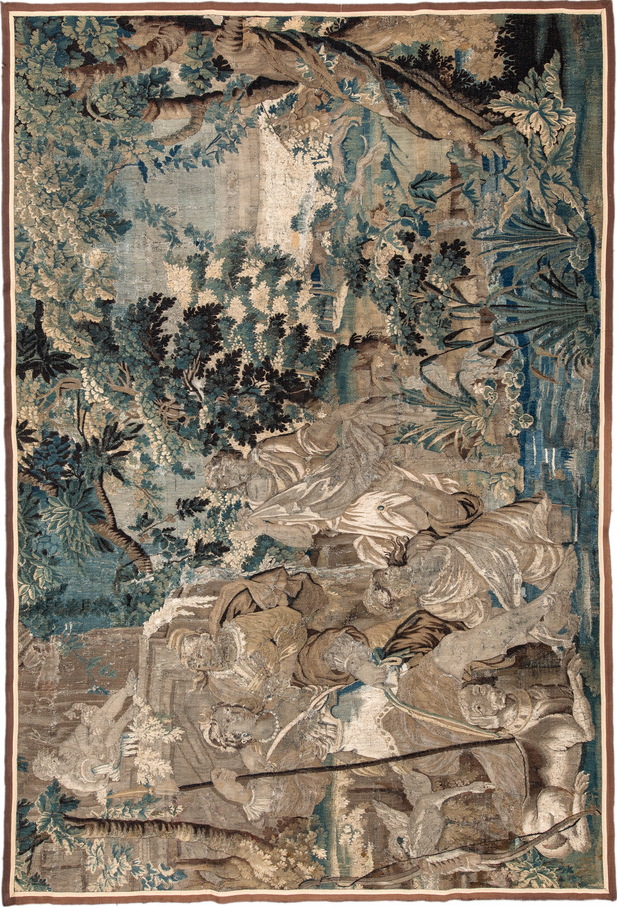 7' x 10' one-of-a-kind handmade vintage Tapestry large size rug. Color palette: black, blue, brown, charcoal