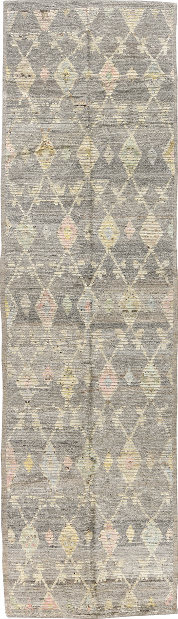 3' x 12' one-of-a-kind handmade vintage Tulu runner rug. Color palette: brown, gray, light gray, off-white, silver