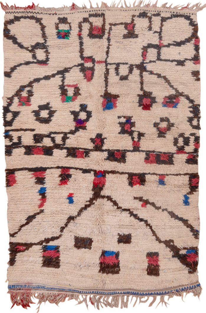 4' x 6' one-of-a-kind handmade vintage Moroccan small size rug. Color palette: blue, brown, gray, green, light gray
