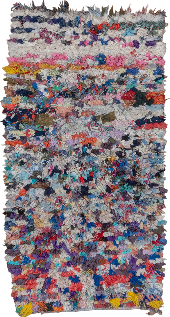 4' x 7' one-of-a-kind handmade vintage Rag Rug rug. Color palette: blue, brown, dark gray, gray, green, light gray