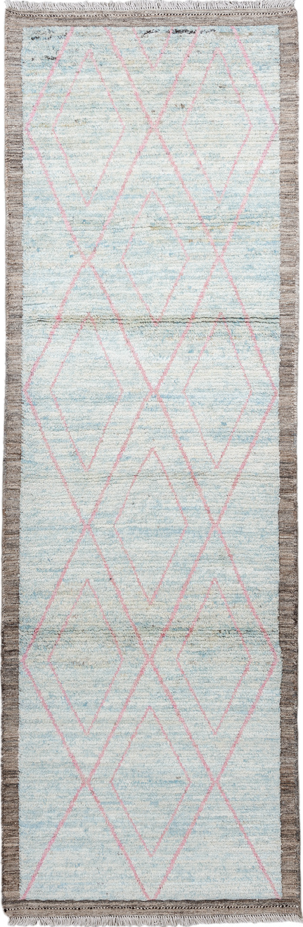 3' x 9' one-of-a-kind handmade vintage Tulu runner rug. Color palette: gray, pink, light gray, off-white, light blue
