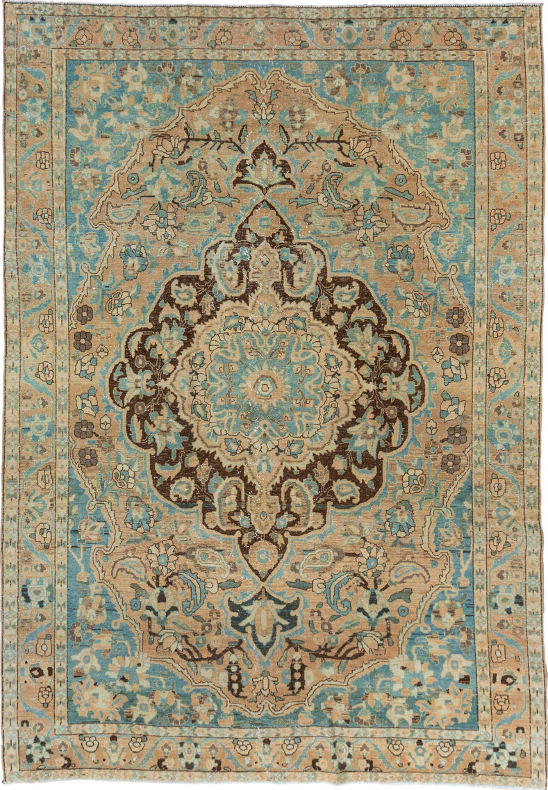 6' x 10' one-of-a-kind handmade vintage Baktiary large size rug. Color palette: blue, brown, gray, off-white, orange, tan