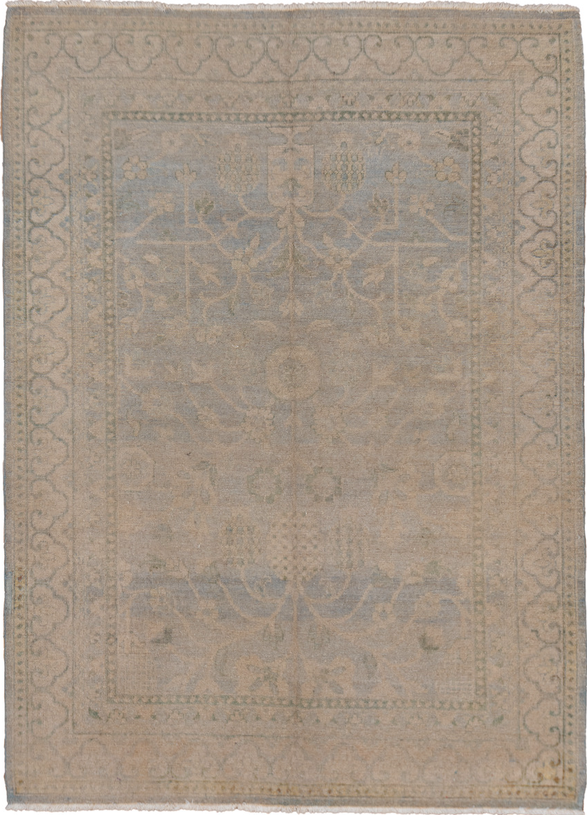 5' x 7' one-of-a-kind handmade vintage Khotan rug. Color palette: brown, gray, light gray, off-white, pink