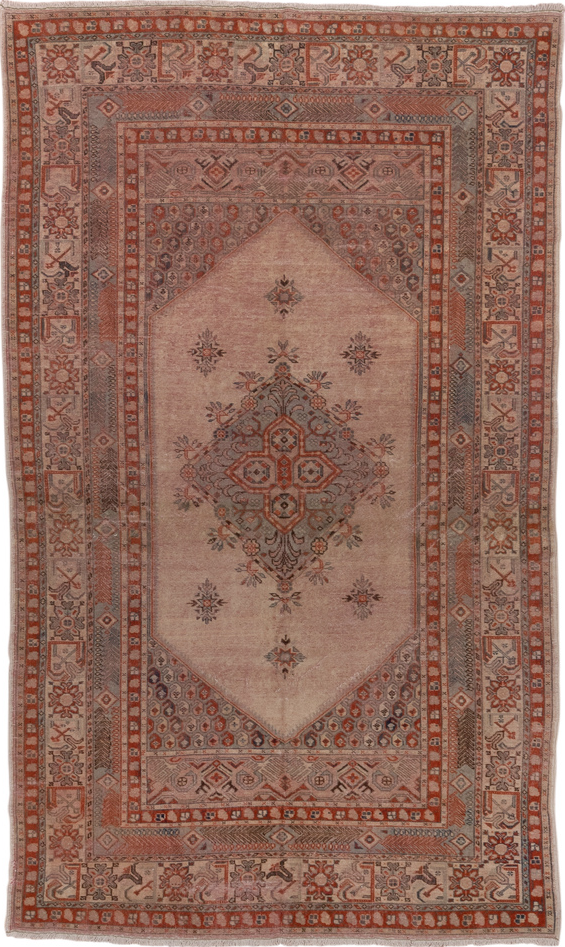 5' x 8' one-of-a-kind handmade vintage Oushak medium size rug. Color palette: brown, gray, light gray, off-white, pink