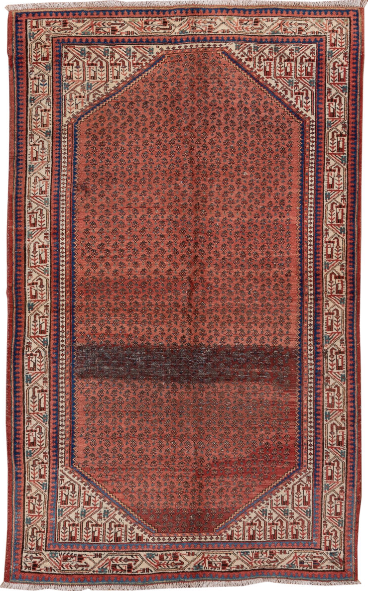 4' x 6' one-of-a-kind handmade vintage Mahal small size rug. Color palette: blue, brown, gray, orange, pink, red, redwood