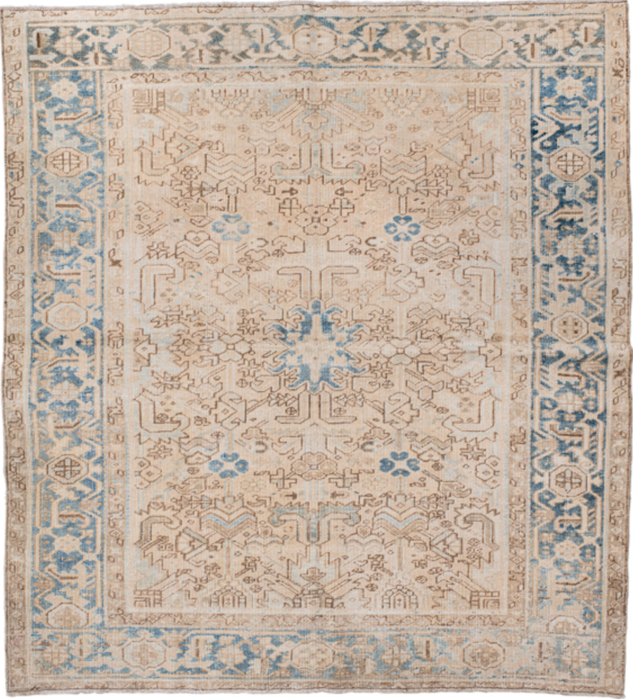 6' x 6' one-of-a-kind handmade vintage Heriz rug. Color palette: brown, dark gray, gray, light gray, off-white, pink, silver