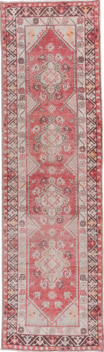 3' x 10' one-of-a-kind handmade vintage Oushak runner rug. Color palette: brown, gray, light gray, off-white, pink, red