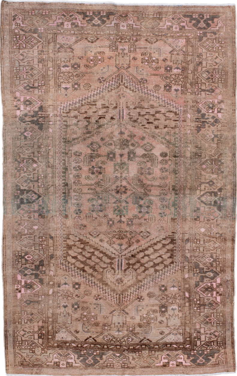 4' x 6' one-of-a-kind handmade vintage Malayer small size rug. Color palette: brown, gray, pink, redwood, dim gray