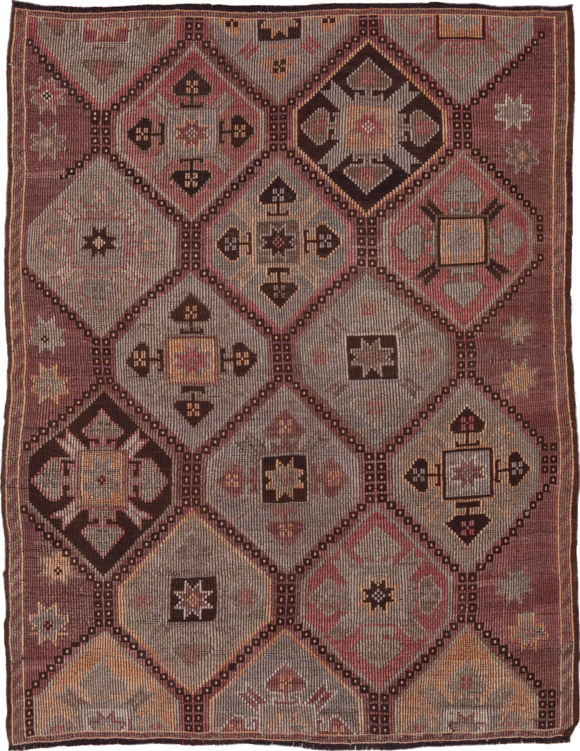 6' x 8' one-of-a-kind handmade vintage Jijim medium size rug. Color palette: brown, gray, light gray, pink, red, redwood