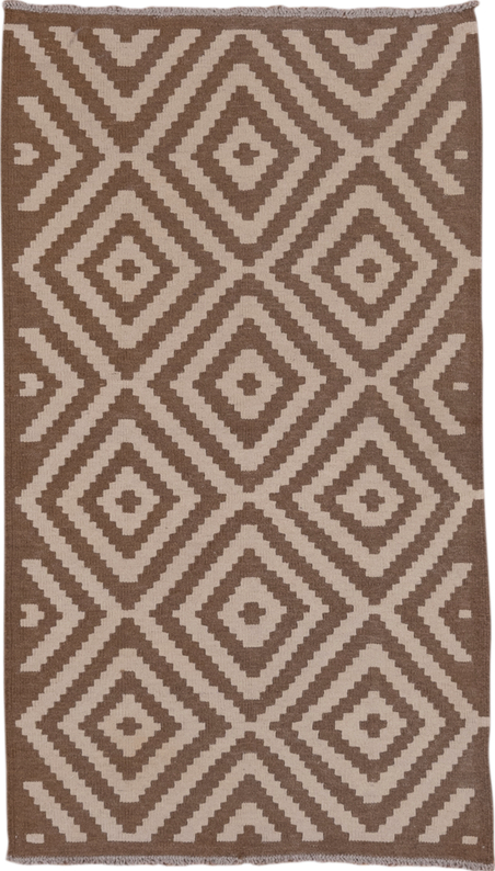 3' x 5' one-of-a-kind handmade vintage Kilim small size rug. Color palette: brown, gray, light gray, off-white, pink, snow