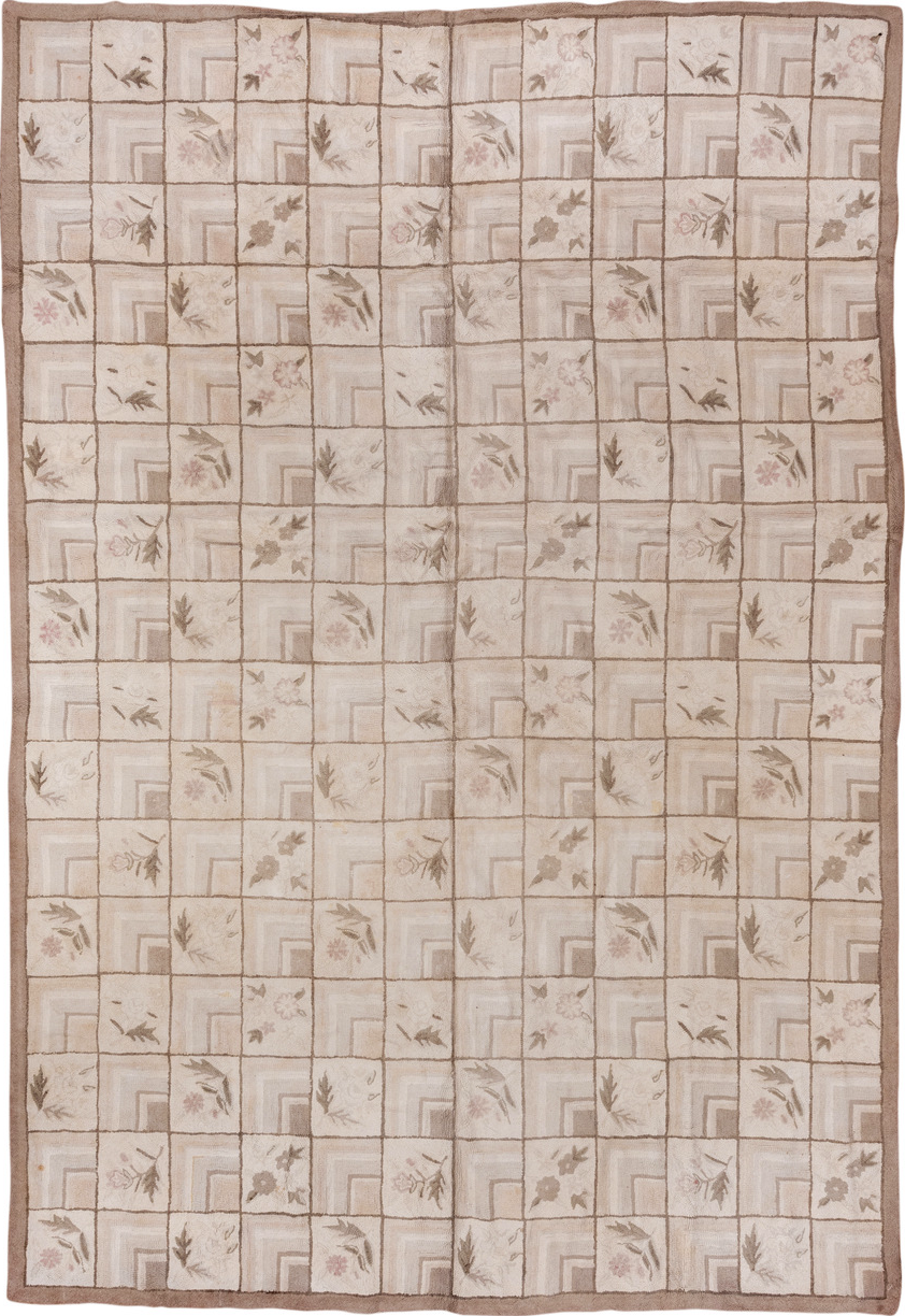 9' x 13' one-of-a-kind handmade vintage Hooked large size rug. Color palette: brown, gray, light gray, off-white, pink