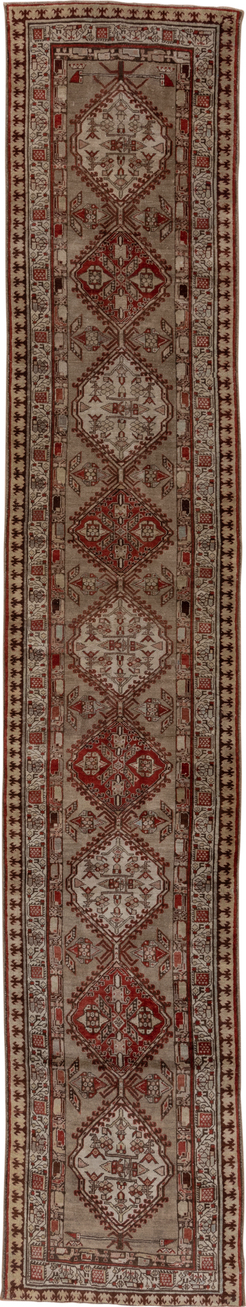 3' x 16' one-of-a-kind handmade vintage Sarab runner rug. Color palette: brown, gray, pink, redwood