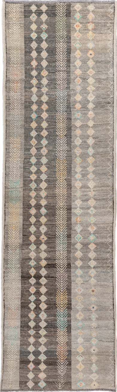 2' x 9' one-of-a-kind handmade vintage Kilim runner rug. Color palette: gray, light gray, off-white, pink, brown, orange