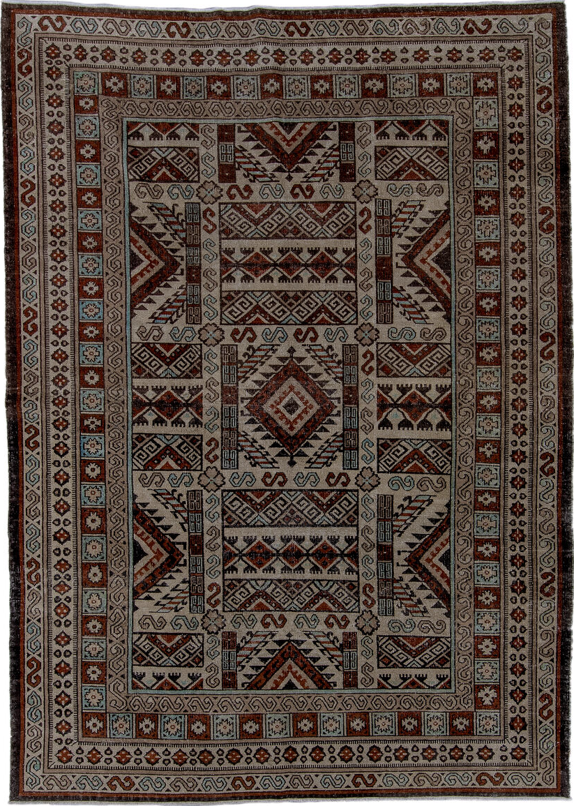 6' x 8' one-of-a-kind handmade vintage Khotan medium size rug. Color palette: black, brown, charcoal, dark gray, gray