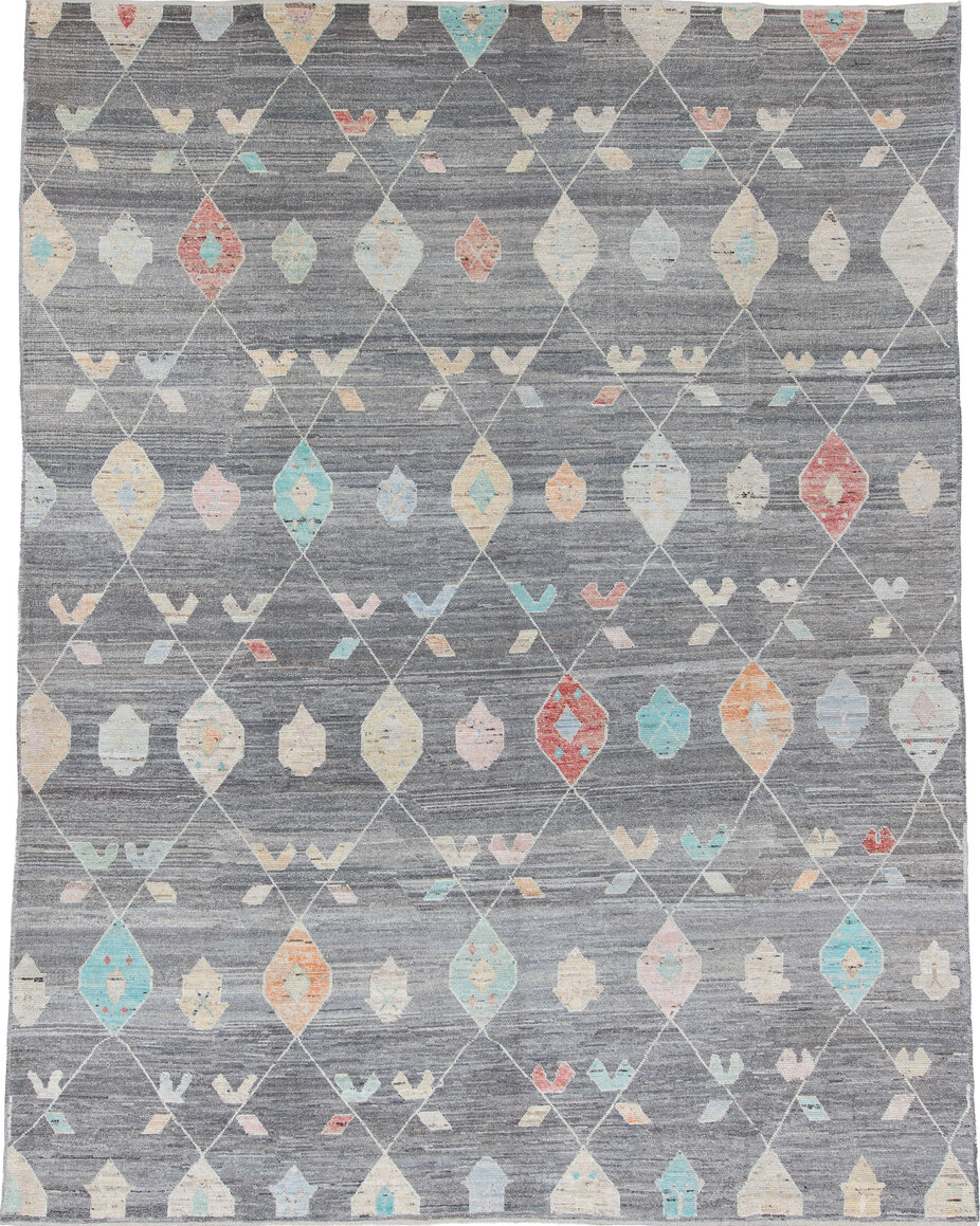 10' x 14' one-of-a-kind handmade vintage Tulu large size rug. Color palette: dark gray, dim gray, gray, light blue