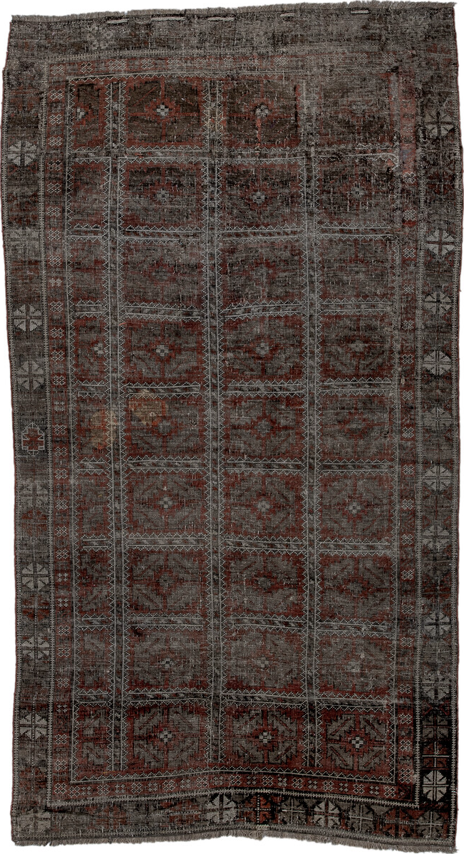 4' x 7' one-of-a-kind handmade vintage Belouch rug. Color palette: black, brown, charcoal, dim gray, gray, light gray