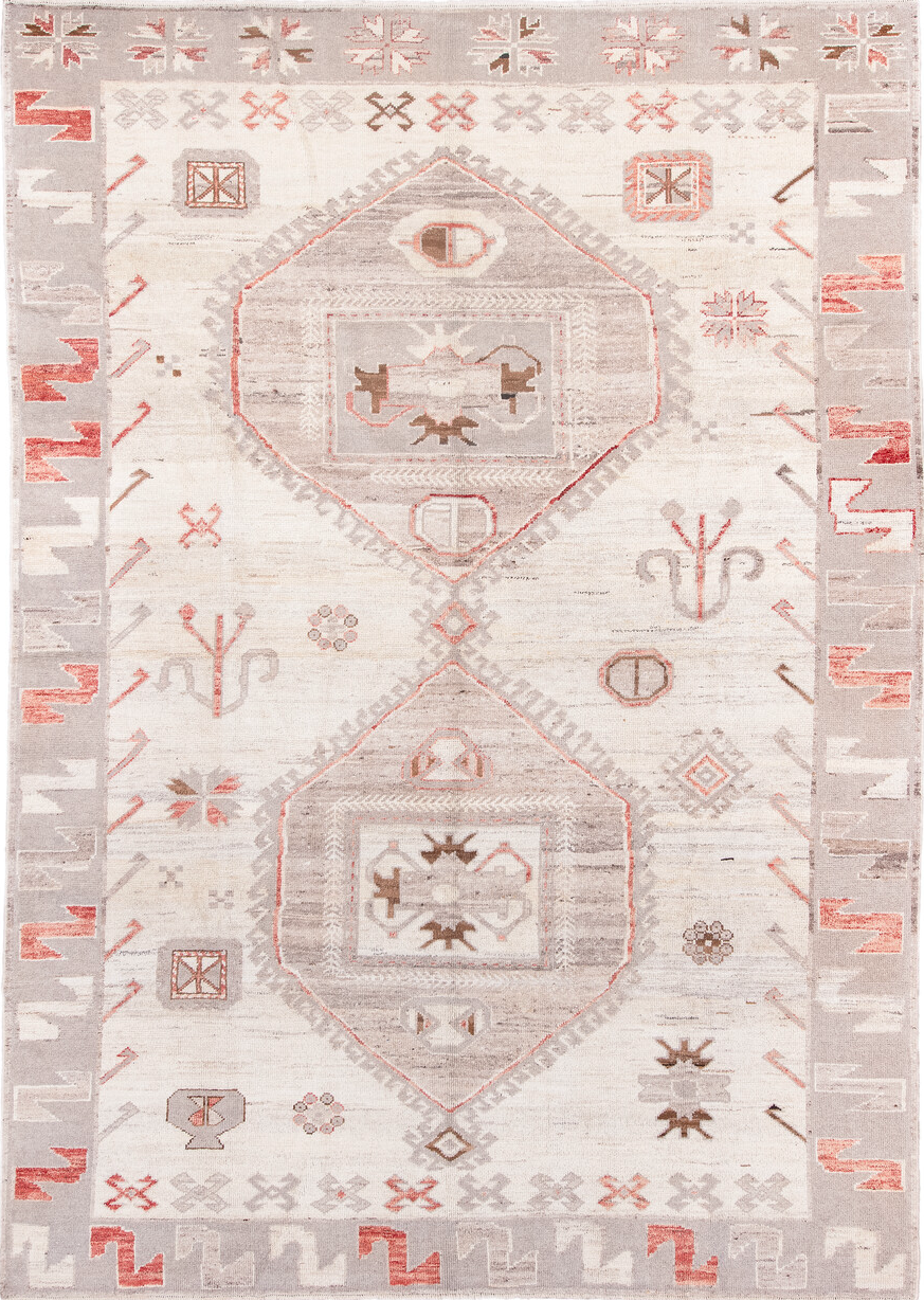 9' x 12' one-of-a-kind handmade vintage Kars large size rug. Color palette: brown, gray, light gray, linen, off-white