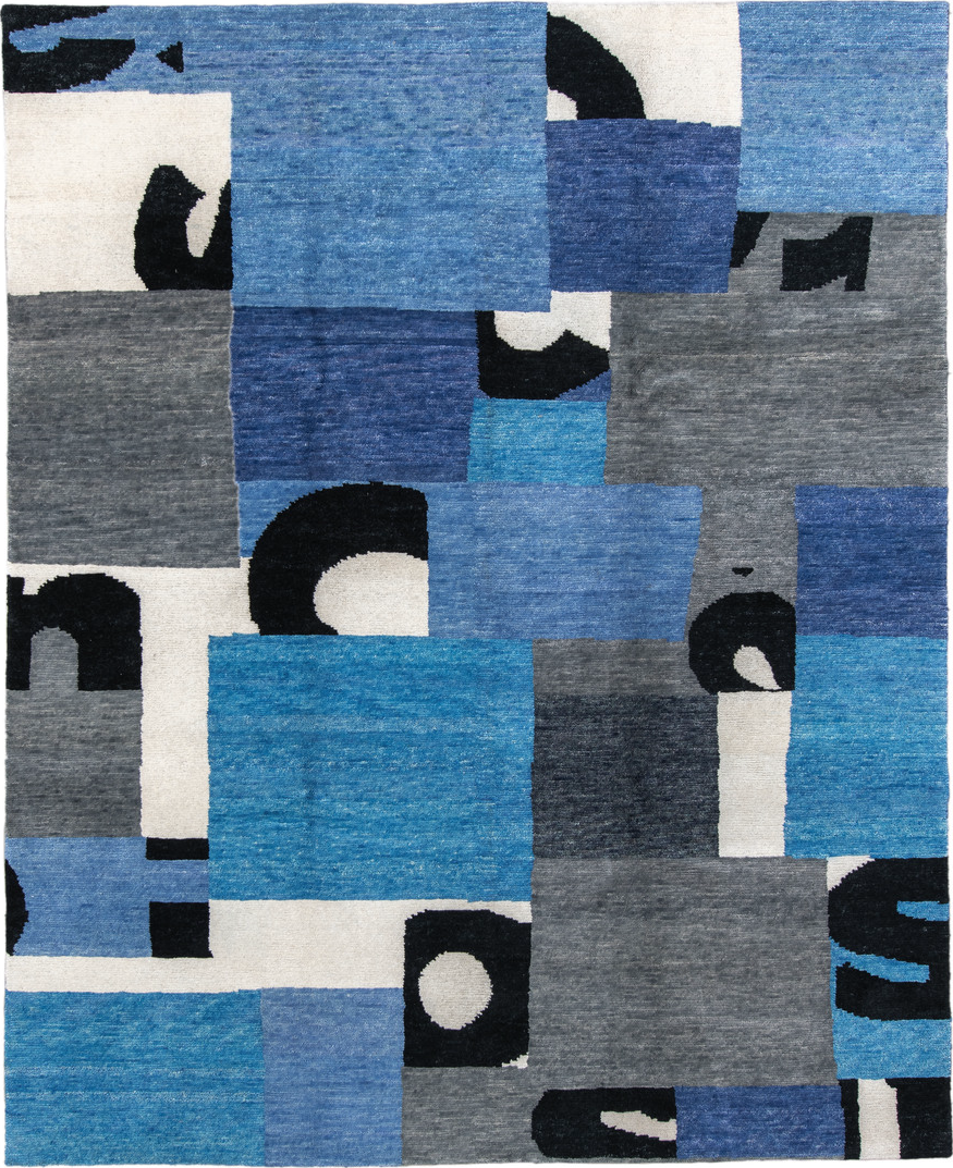 8' x 10' one-of-a-kind handmade vintage Tribeca large size rug. Color palette: gray, black, blue, light blue, light gray