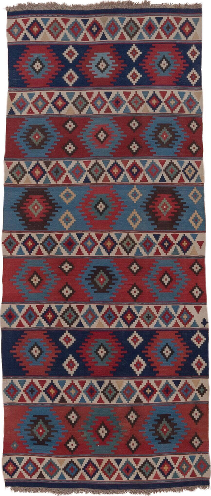 3' x 6' one-of-a-kind handmade vintage Shirvan runner rug. Color palette: arapawa, blue, brown, fiord, gray, pink, red