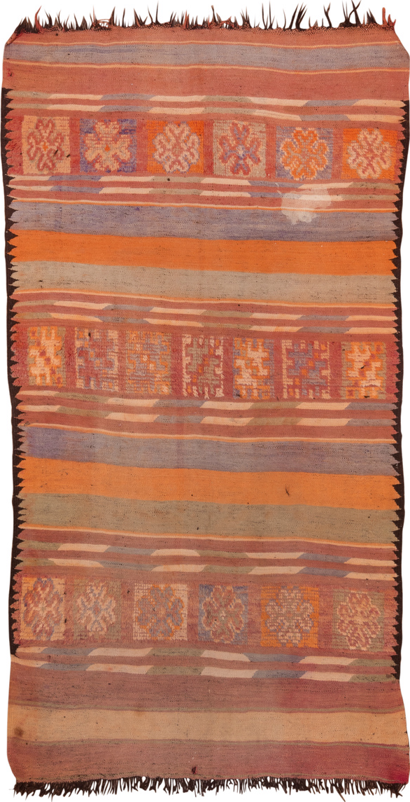 6' x 11' one-of-a-kind handmade vintage Moroccan large size rug. Color palette: brown, gray, light gray, orange, pink, red