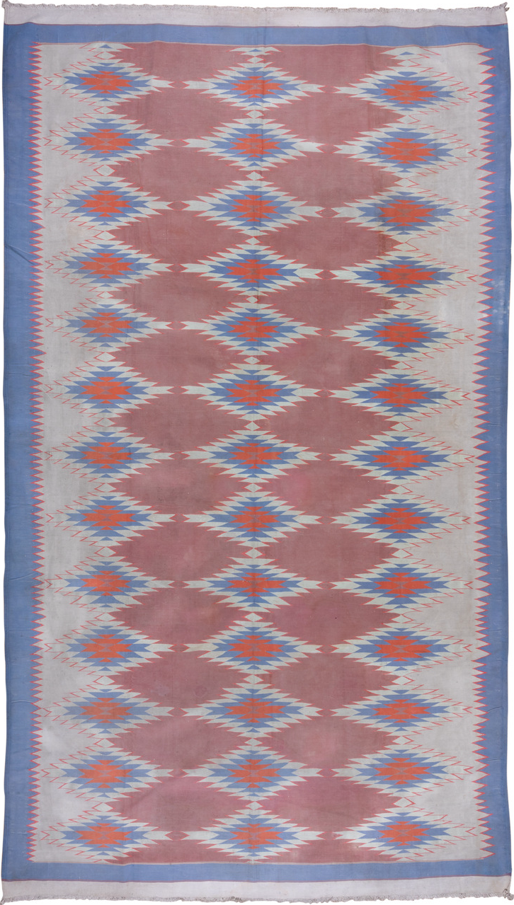 9' x 16' one-of-a-kind handmade vintage Dhurrie rug. Color palette: blue, dark gray, gray, light gray, off-white, pink, red