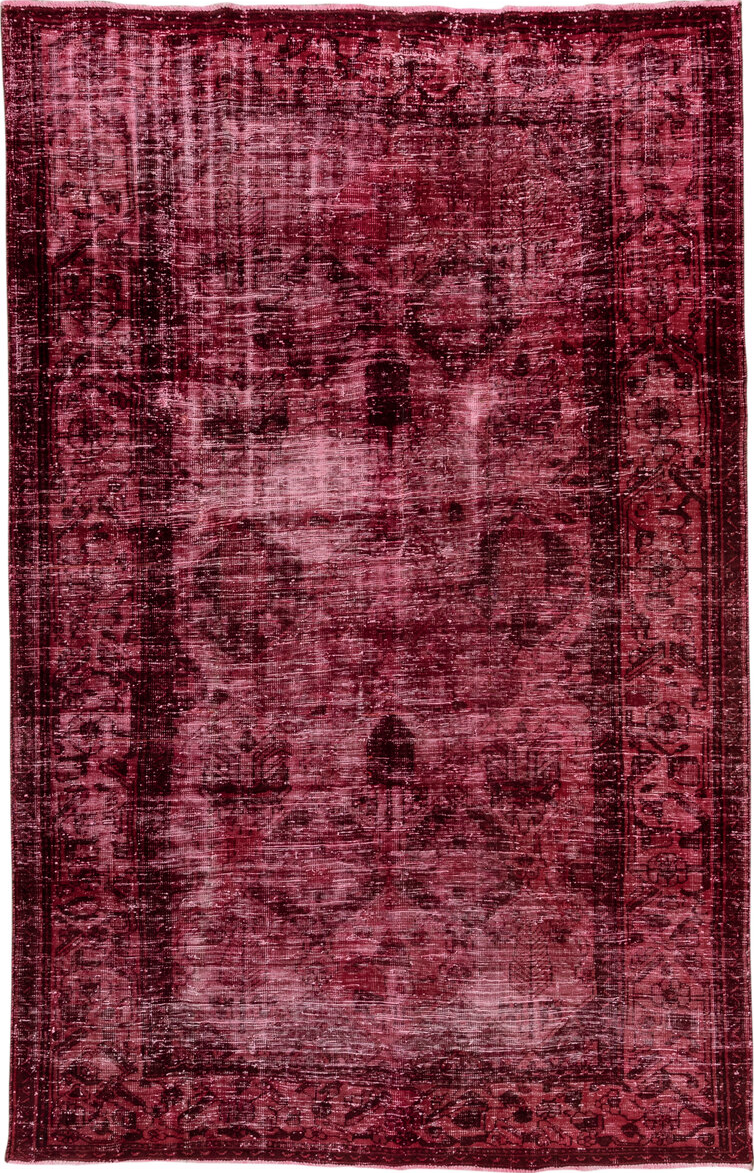 6' x 10' one-of-a-kind handmade vintage Mov large size rug. Color palette: brown, gray, pink, red, wine