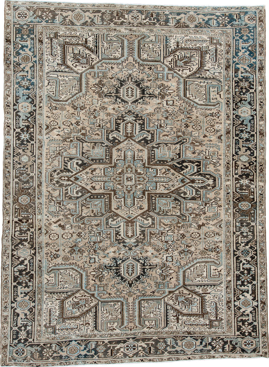 8' x 11' one-of-a-kind handmade vintage Heriz large size rug. Color palette: black, blue, brown, charcoal, dark gray, gray